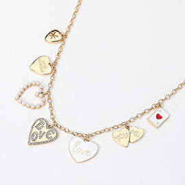 Enamel LOVE Heart LOVE YOURSELF YOU ME Message Pearl Heart Charm Station Necklace