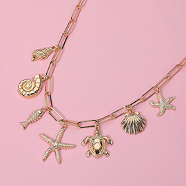 Shell Fish Starfish Turtle Charm Station Paperclip Chain Necklace