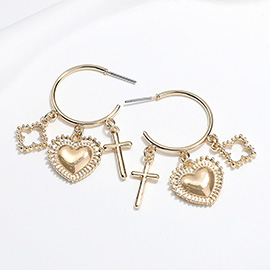 Metal Open Quatrefoil Cross Heart Charm Dangle Hoop Earrings