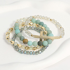 4PCS - Textured Metal Cross Pointed Natural Stone Faceted Beaded Stretch Multi Layered Bracelets