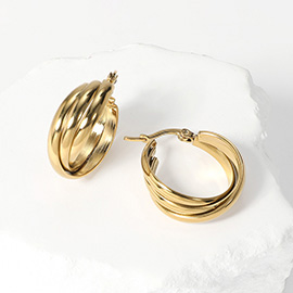 Stainless Steel Twisted Pin Catch Hoop Earrings