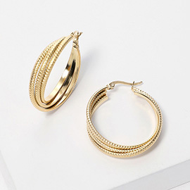 Stainless Steel Textured Twisted Pin Catch Hoop Earrings