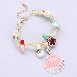 Sea Shell Charm Ceramic Flower Pearl Beaded Raffia Bracelet