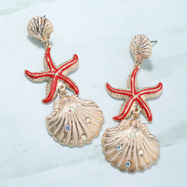 Stone Paved Shell Enamel Starfish Link Dropdown Dangle Earrings