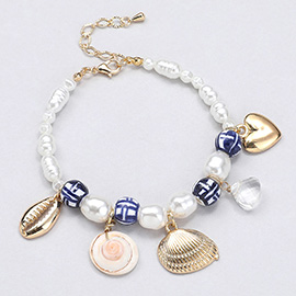 Metal Puka Shell Heart Pearl Spiral Shell Charm Pearl Ceramic Ball Beaded Bracelet