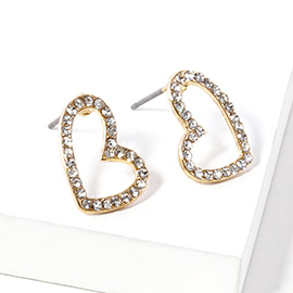 Crystal Stone Paved Open Heart Stud Earrings