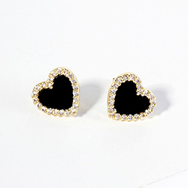 Gold Dipped CZ Stone Paved Rim Heart Stud Earrings