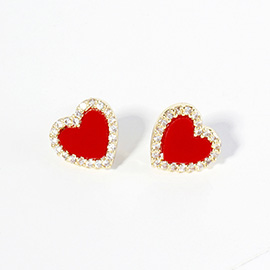 Gold Dipped CZ Stone Paved Rim Heart Stud Earrings