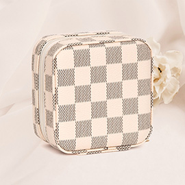 Faux Leather Checkered Pattern Portable Square Jewelry Box