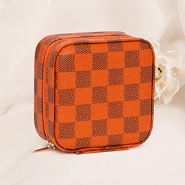 Faux Leather Checkered Pattern Portable Square Jewelry Box