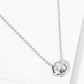 White Gold Dipped Round CZ Stone Bezel Pendant Necklace