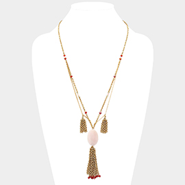 Oval Stone Accented Tassel Drop Necklace