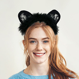 Fluffy Fur Trim Lace Cat Ear Headband