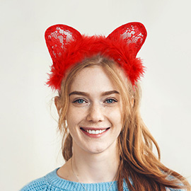 Fluffy Fur Trim Lace Cat Ear Headband