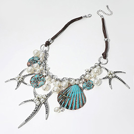 Pearl Embellished Starfish Shell Pendant Beaded Statement Necklace