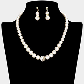 Pave Ball & Pearl Strand Necklace