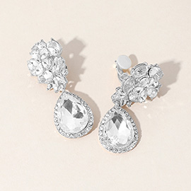 Flower Glass Crystal Teardrop Dangle Clip On Earrings