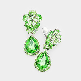 Flower Glass Crystal Teardrop Dangle Clip On Earrings
