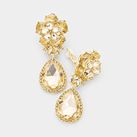 Flower Glass Crystal Teardrop Dangle Clip on Earrings