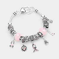 Multi Bead Heart Embossed Metal Pink Ribbon Bracelet