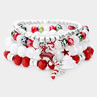 4PCS - Christmas Rudolph Charm Bead Stretch Layered Bracelet  