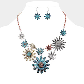 Flower and Leaf Metal Garden Bib Necklace 