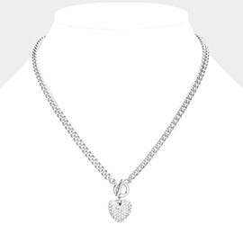 Crystal Rhinestone Pave Heart Pendant Toggle Necklace 