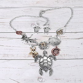 Antique Metal Turtle Sea Life Link Bib Necklace