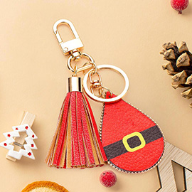 Santa Claus Cloth Print Faux Leather Teardrop Tassel Keychain / Bag Charm