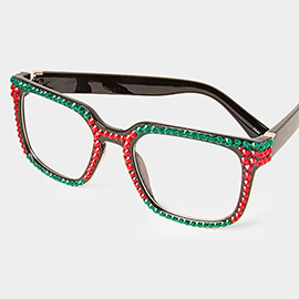 Crystal Embellished Color Block Clear Lens Wayfarer Sunglasses