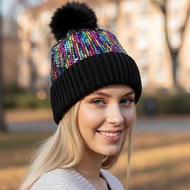 Sequin Embellished Pom Pom Beanie Hat