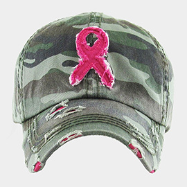 Camouflage Patterned Pink Ribbon Accented Vintage Baseball Cap