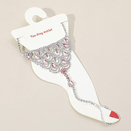Teardrop Accented Rhinestone Net Toe Ring Evening Anklet