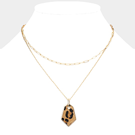 Leopard Patterned Genuine Leather Angled Pendant Double Layered Necklace