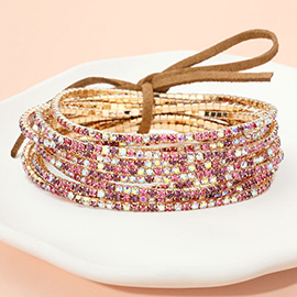 12PCS - Ribbon Colorful Rhinestone Layered Stretch Bracelets