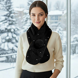 Pearl Embellished Faux Fur Pom Pom Pull Through Scarf
