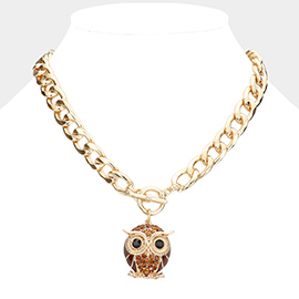 Stone Embellished Owl Pendant Toggle Necklace