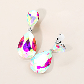 Glass Crystal Double Teardrop Clip On Evening Earrings
