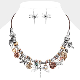 Metal Leaf Sunflower Dragonfly Pendant Cluster Necklace