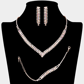 3PCS - Round Stone Detail Rhinestone Necklace Jewelry Set