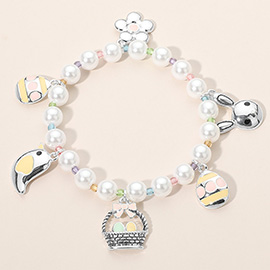 Enamel Easter Bunny Egg Bird Flower Charm Pearl Stretch Bracelet