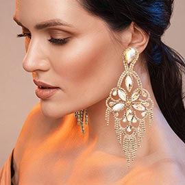 Marquise Stone Flower Accented Chandelier Evening Earrings