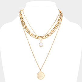 Natural Stone Evil Eye Detailed Metal Round Pendant Triple Layered Necklace