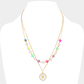 Enamel Daisy Pendant Flower Patterned Beaded Double Layered Necklace