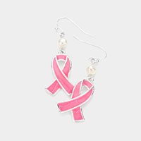 Pearl Enamel Pink Ribbon Link Dangle Earrings