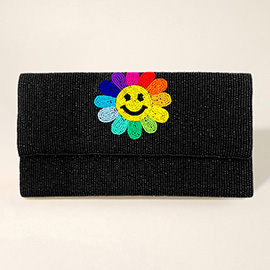 Smile Flower Accented Seed Beaded Clutch / Crossbody Bag