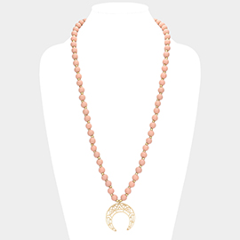 Metal Cutout Double Horn Pendant Wood Long Necklace