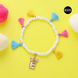 -E- Unicorn Initial Monogram Tassel Station Kids Beaded Stretch Bracelet