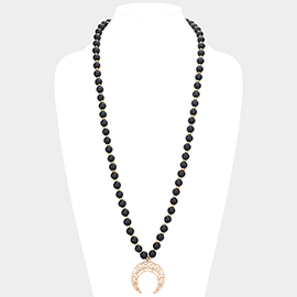 Metal Cutout Double Horn Pendant Wood Long Necklace