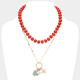 Natural Stone Shamballa Ball Ship Heel Pendant Double Layered Necklace